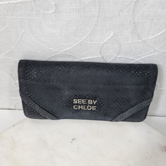 See By Chloe Checkbook Wallet 7.25" Black Soft Embossed Leather Bi-Fold Clutch - Picture 2 of 16
